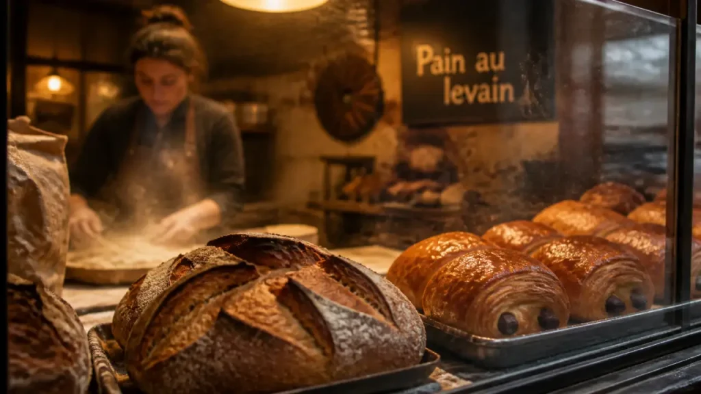 Meilleure boulangerie bordeaux : pain au levain et chocolatine en vitrine