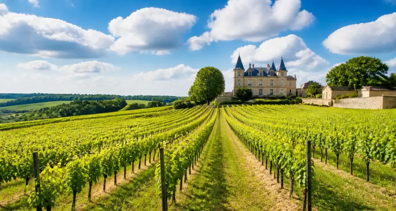 Vignoble et château viticole en Gironde au printemps